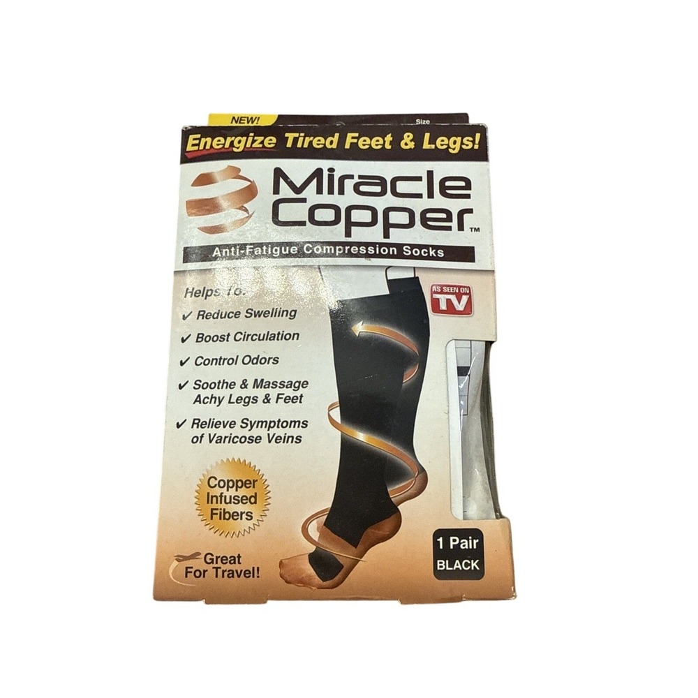 Miracle Copper®  1 Pair BLACK Anti-Fatigue Compression Socks NEW L